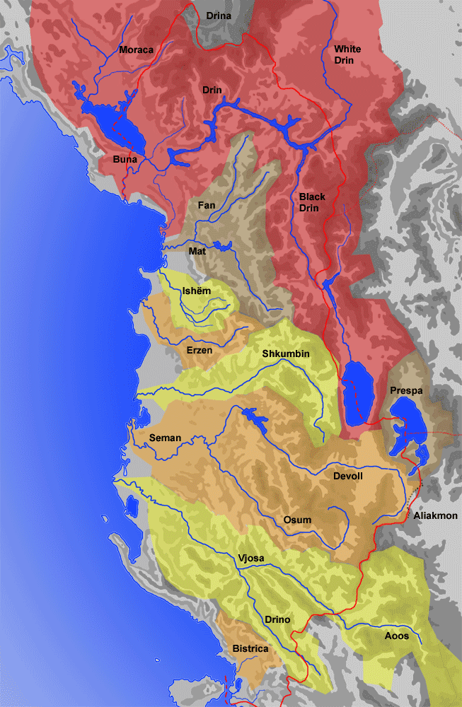 Gheg dialect to the north of the Shkumbin River and Tosk dialect to the south.
